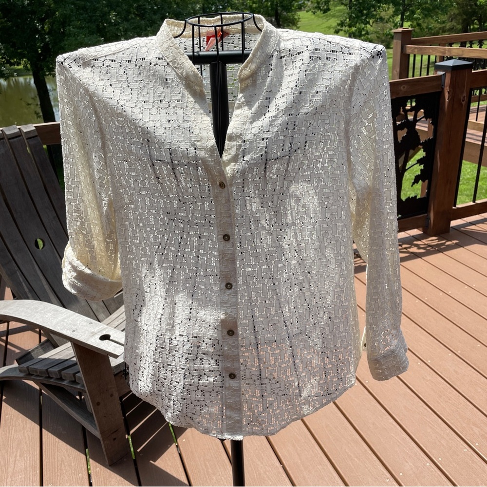 Women's Ivory Lace Blouse Sheer Size 14 Hearts Of Palm